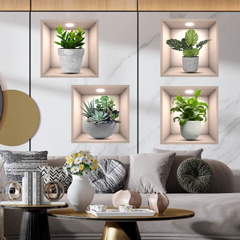 3D Botanical Wall Decals Removable Self-Adhesive PVC Stickers with Potted Plant Art Floral Bonsai Home Decor for Living Room Wall Art Stickers for Interior Design