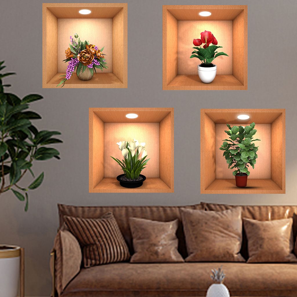 3D Botanical Wall Decals Removable Self-Adhesive PVC Stickers with Potted Plant Art Floral Bonsai Home Decor for Living Room Wall Art Stickers for Interior Design