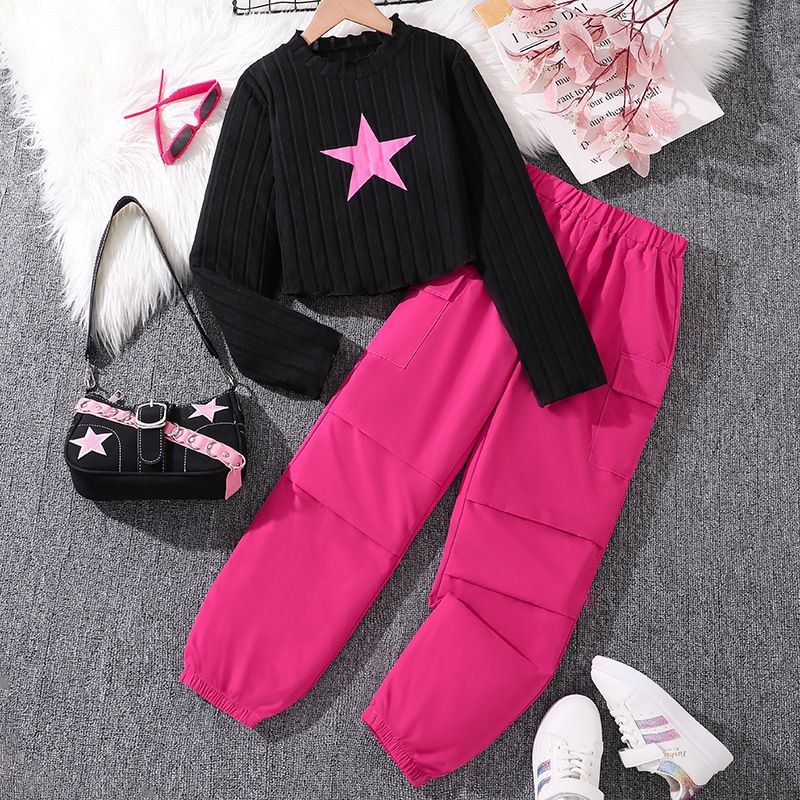 Girls' Long-Sleeve Knitted Top Jogger Harem Pants Two-Piece Set Star Decoration Slim Fit Top and Loose Cargo Pants Cool Outfit for Girls 8-12 Years Clothing Sets