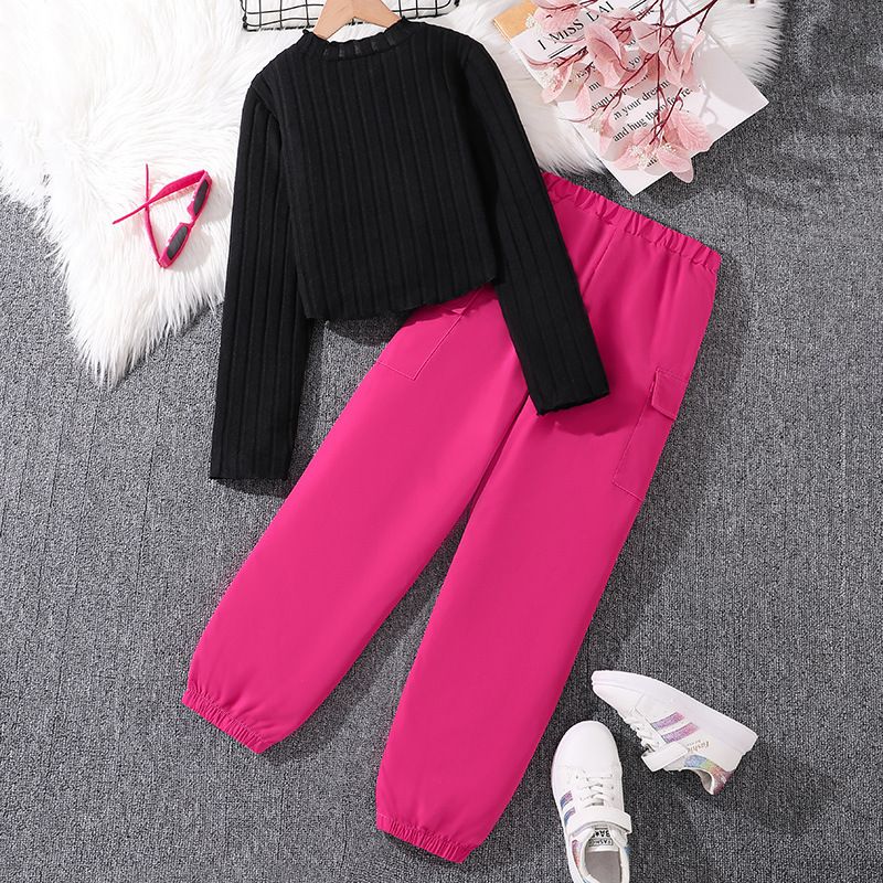 Girls' Long-Sleeve Knitted Top Jogger Harem Pants Two-Piece Set Star Decoration Slim Fit Top and Loose Cargo Pants Cool Outfit for Girls 8-12 Years Clothing Sets
