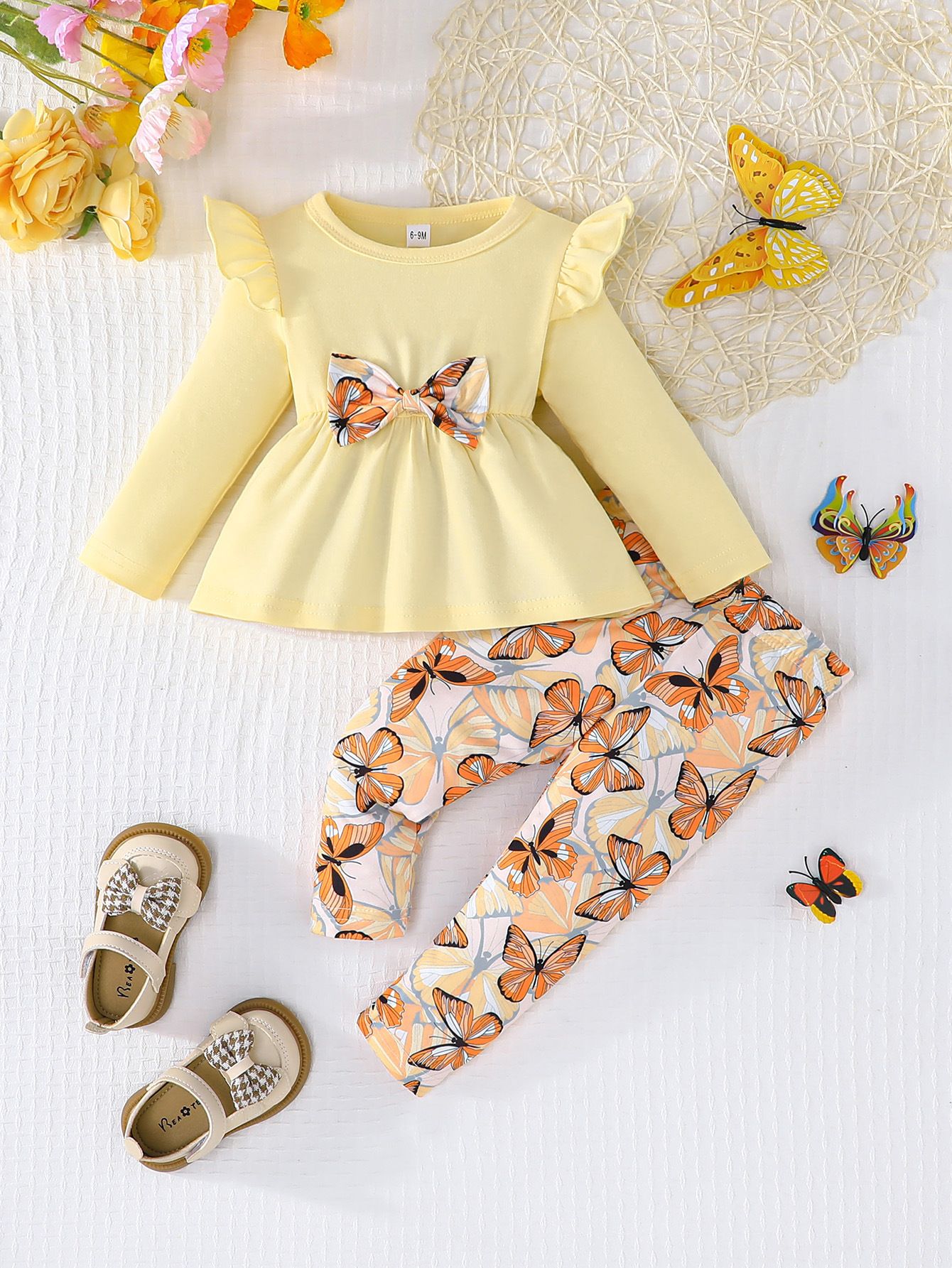 Quality Outfit for Baby Girls 3-24 Months Ruffle Long-Sleeve Bow-Tie Top and Butterfly-Print Cuffed Fitted Pants Clothing Set for Newborn Infants Clothes