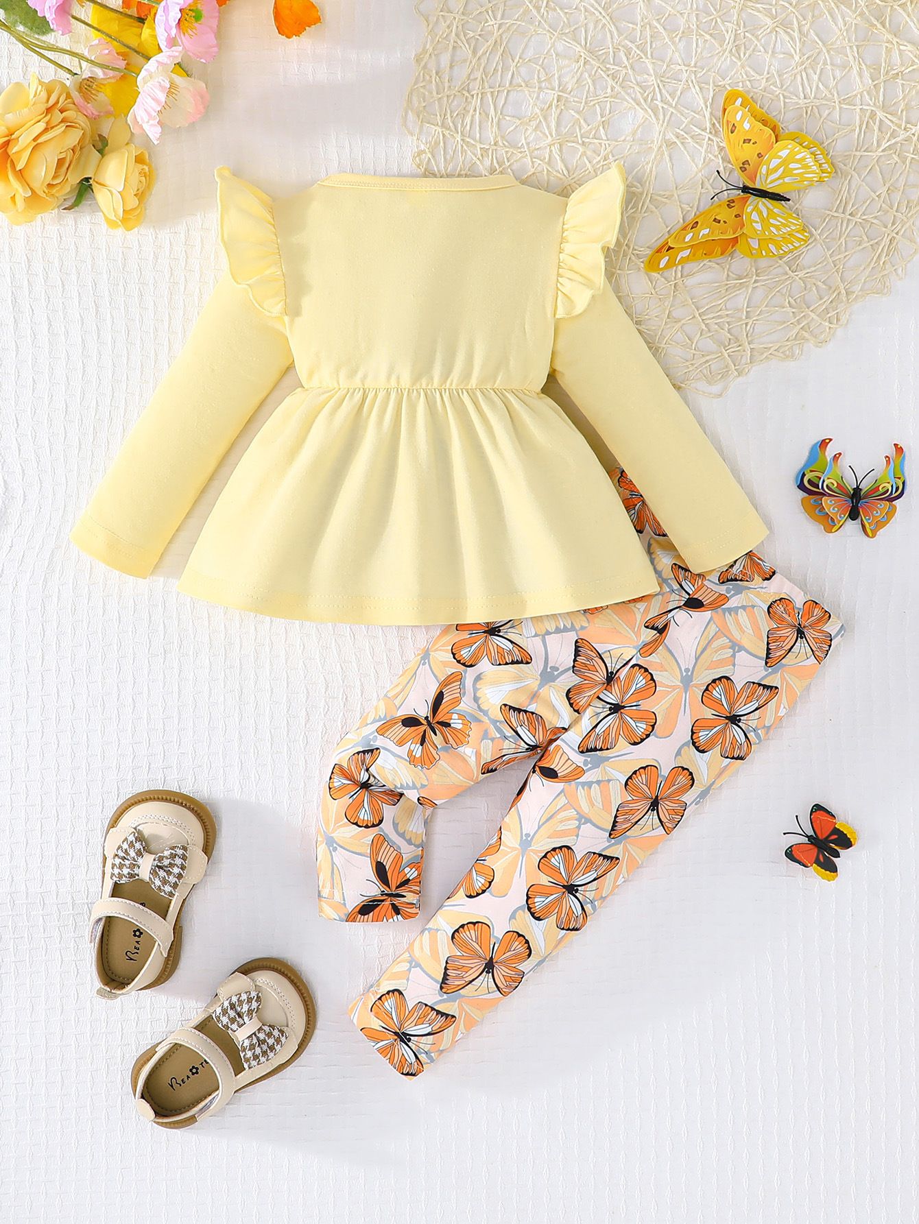 Quality Outfit for Baby Girls 3-24 Months Ruffle Long-Sleeve Bow-Tie Top and Butterfly-Print Cuffed Fitted Pants Clothing Set for Newborn Infants Clothes