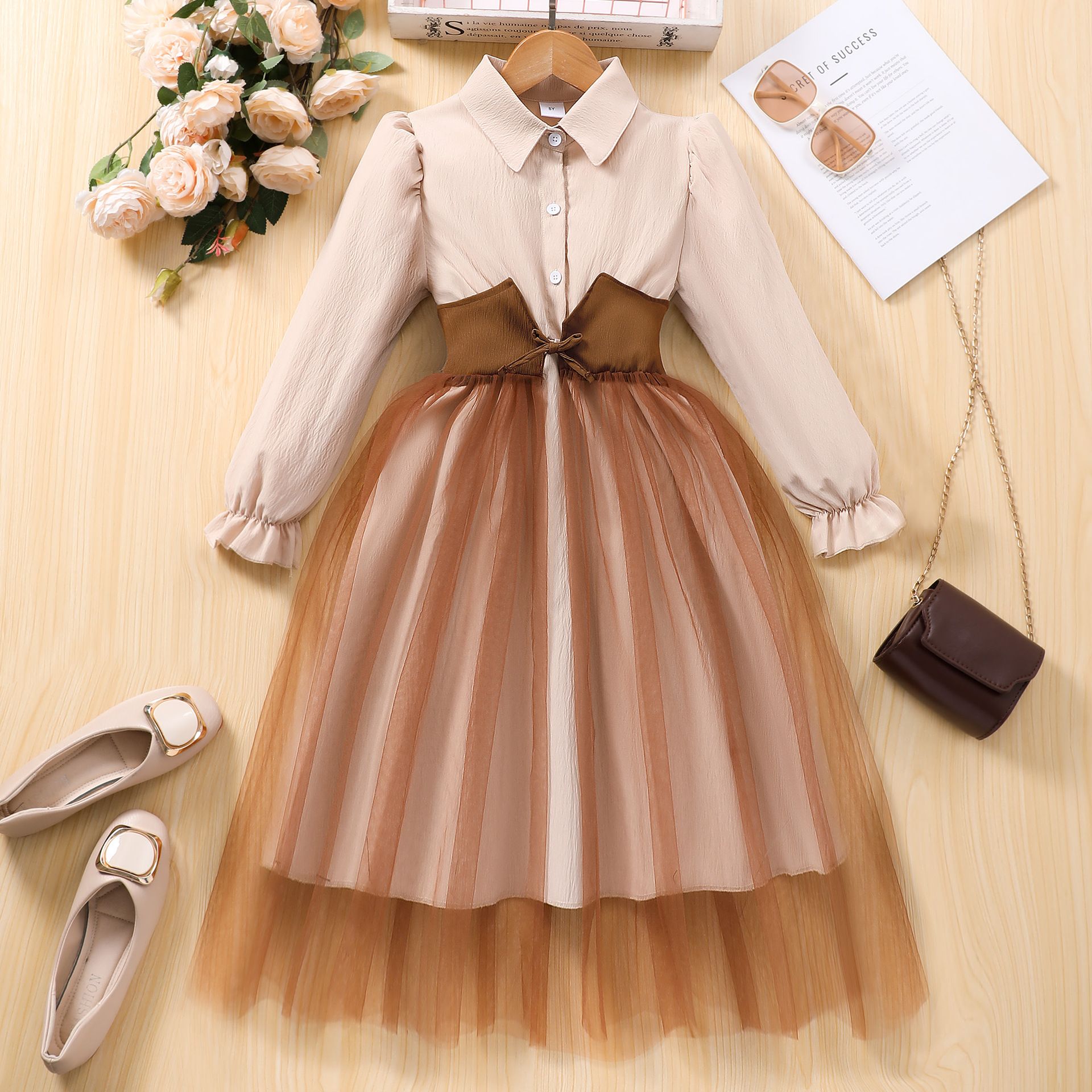 2025 New Design Elegant Long-Sleeve Notched Collar Blouse Dress with Waist Sash and Tulle Paneled Skirt for Girls 8-12 Years Qulity Fashion  Clothing for Kids Dresses