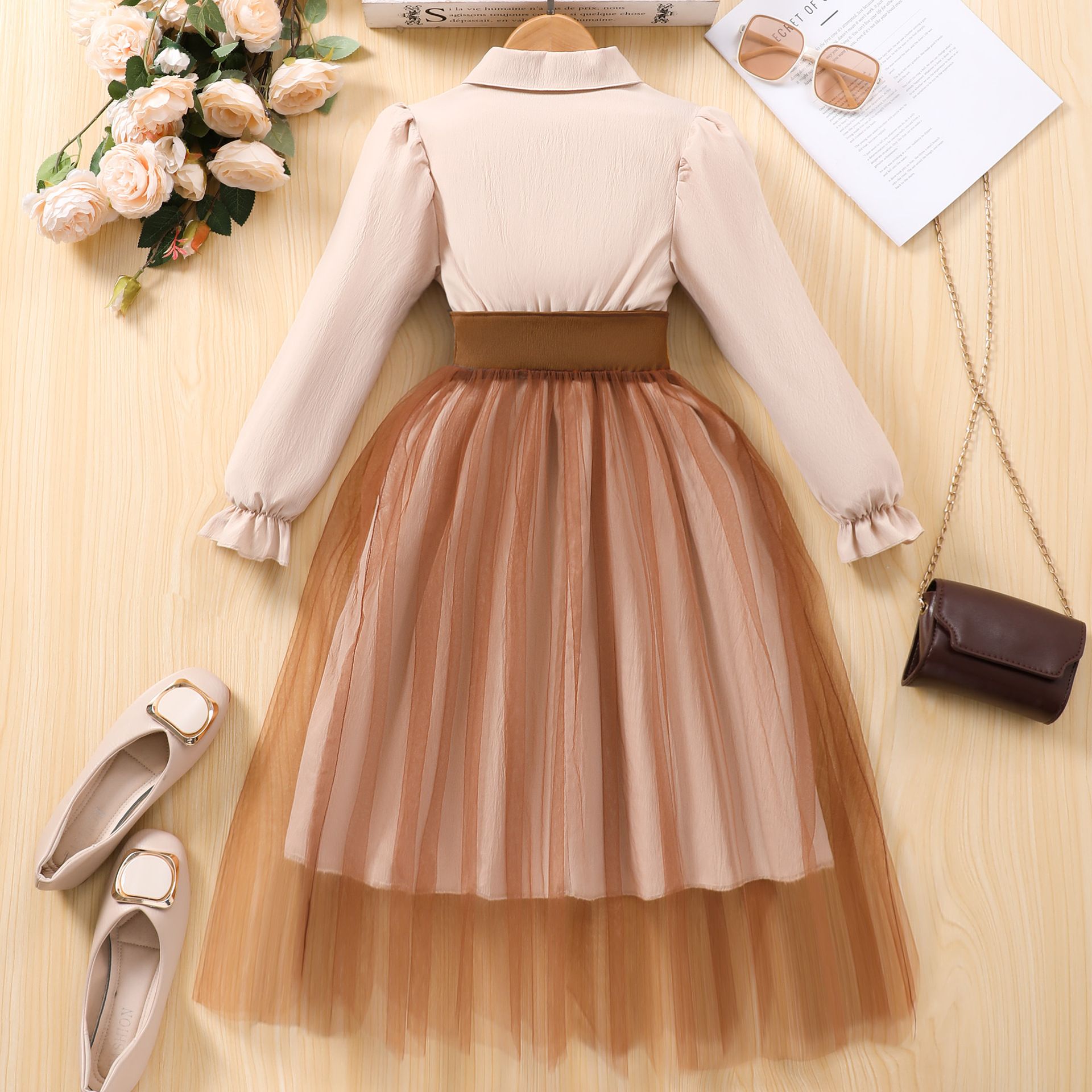 2025 New Design Elegant Long-Sleeve Notched Collar Blouse Dress with Waist Sash and Tulle Paneled Skirt for Girls 8-12 Years Qulity Fashion  Clothing for Kids Dresses