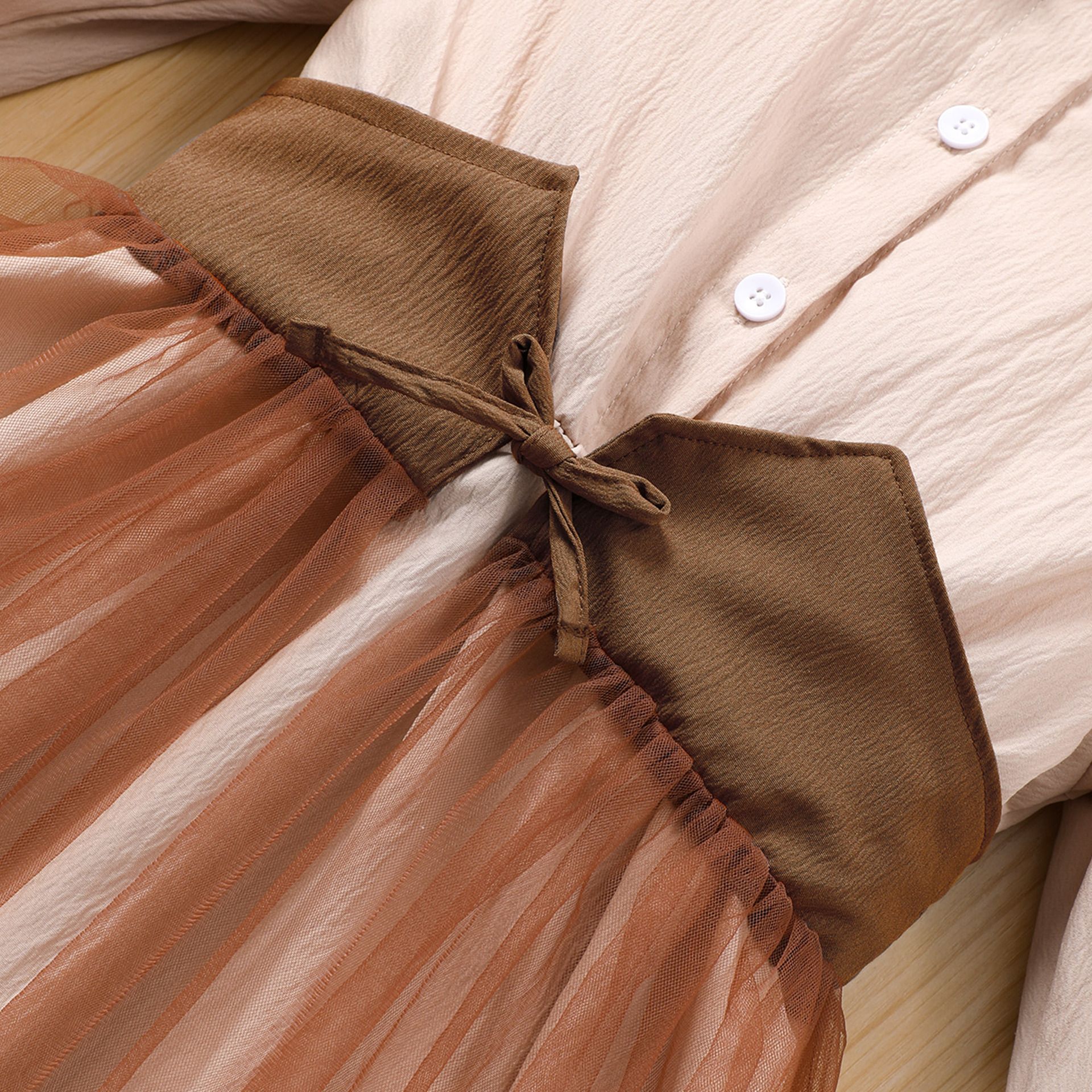 2025 New Design Elegant Long-Sleeve Notched Collar Blouse Dress with Waist Sash and Tulle Paneled Skirt for Girls 8-12 Years Qulity Fashion  Clothing for Kids Dresses