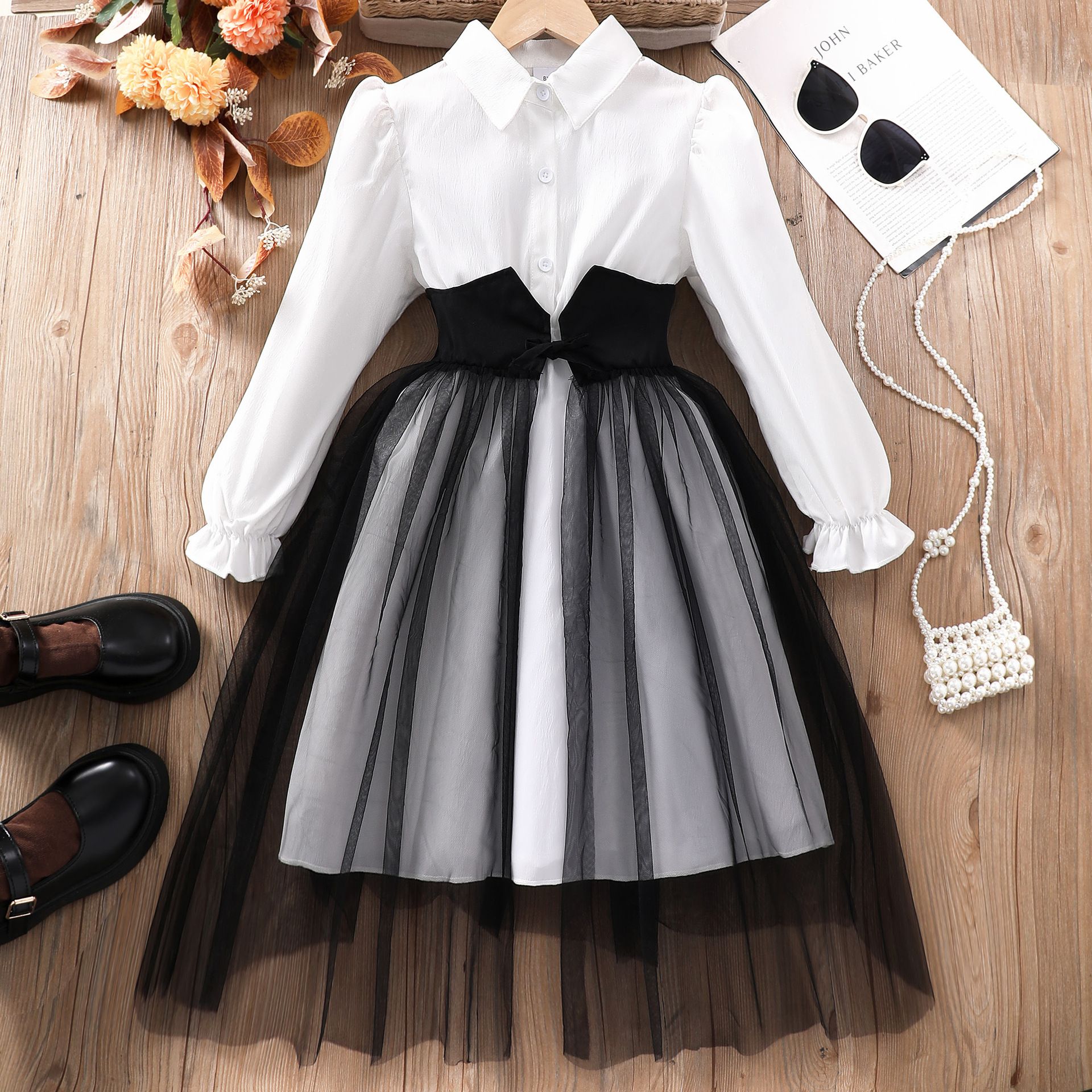 2025 New Design Elegant Long-Sleeve Notched Collar Blouse Dress with Waist Sash and Tulle Paneled Skirt for Girls 8-12 Years Qulity Fashion  Clothing for Kids Dresses