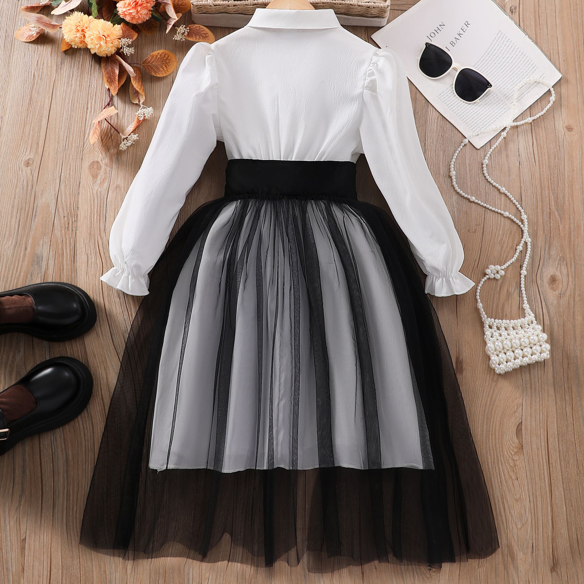 2025 New Design Elegant Long-Sleeve Notched Collar Blouse Dress with Waist Sash and Tulle Paneled Skirt for Girls 8-12 Years Qulity Fashion  Clothing for Kids Dresses