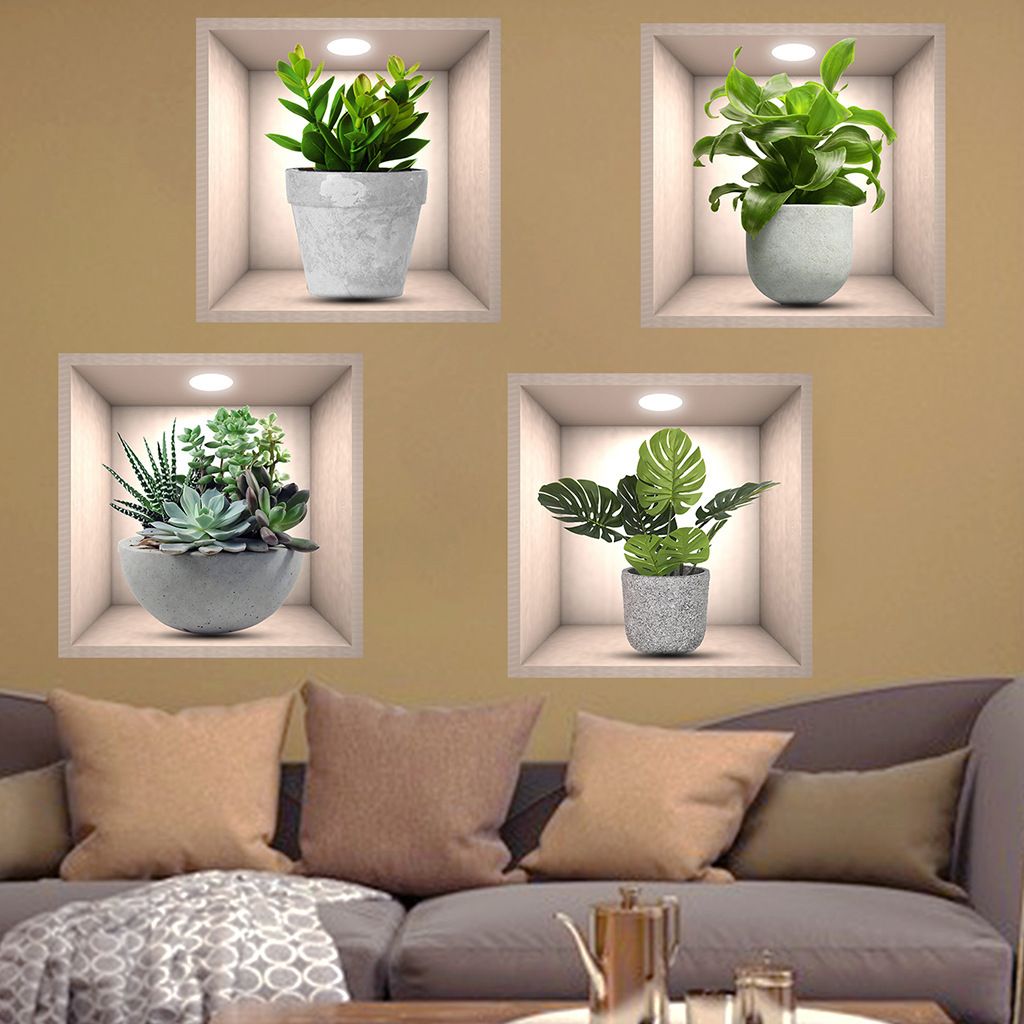 4Pcs Wall Stickers Green Plants 3D Succulent Wall Decals Self-Adhesive Removable Green Potted Plant Stickers for Living Room & Dining Room PVC Sticker for Background Decor