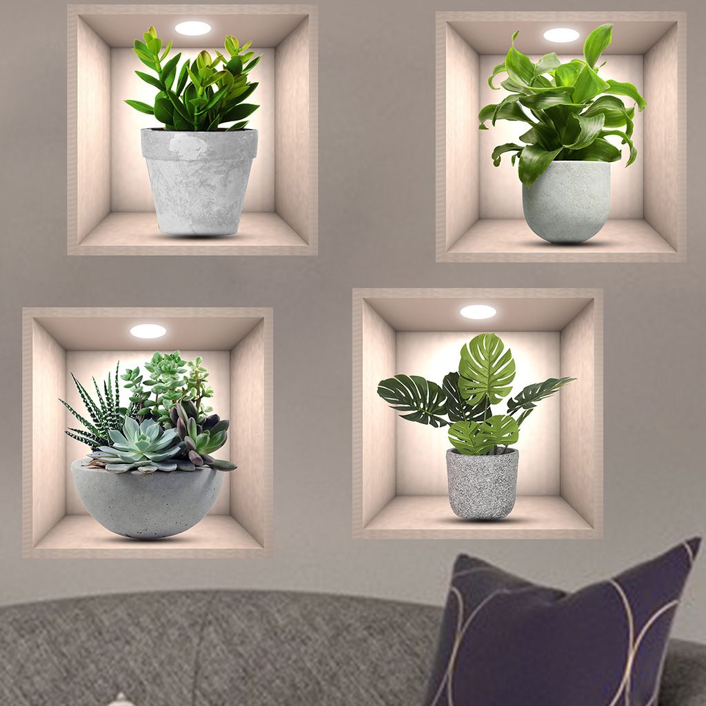 4Pcs Wall Stickers Green Plants 3D Succulent Wall Decals Self-Adhesive Removable Green Potted Plant Stickers for Living Room & Dining Room PVC Sticker for Background Decor
