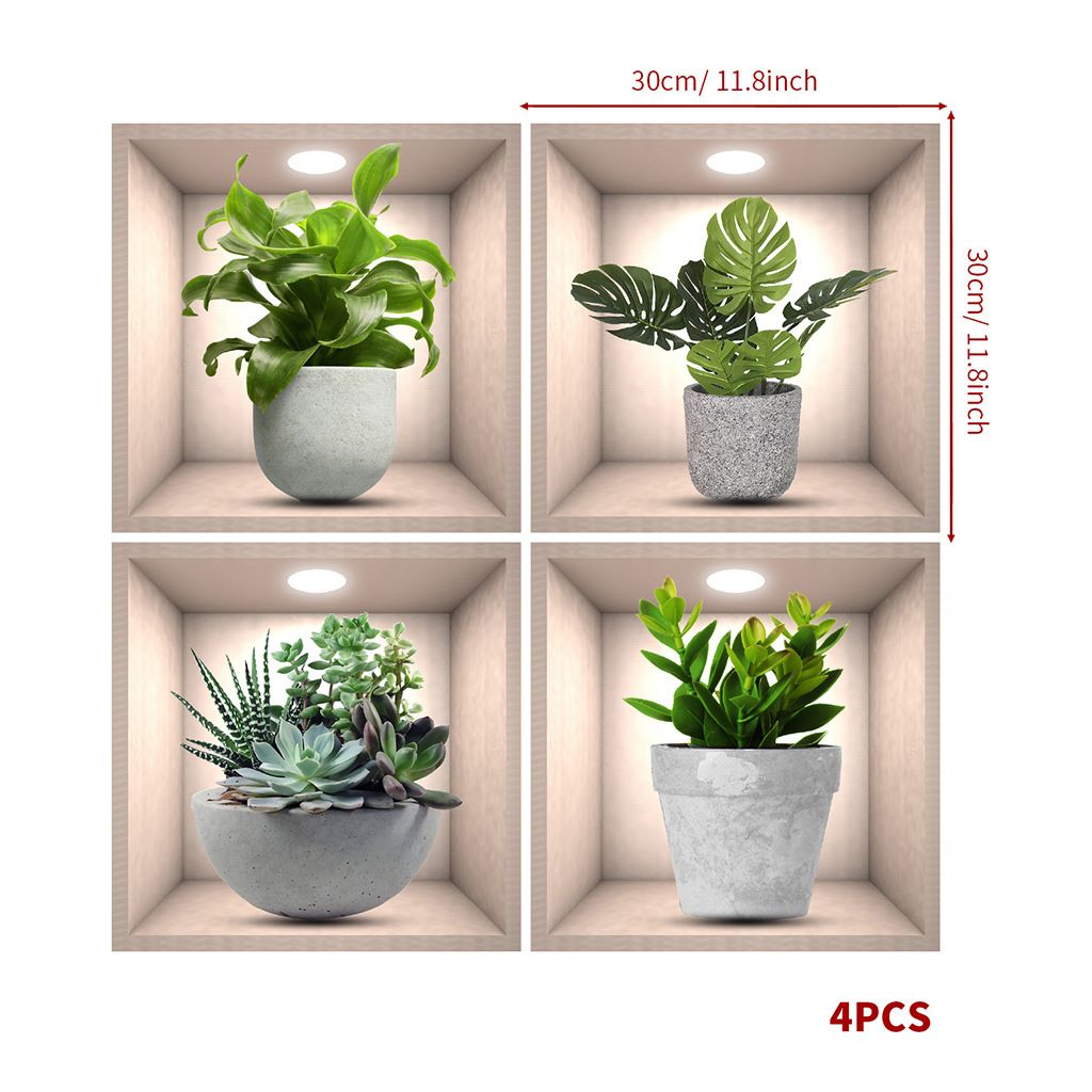 4Pcs Wall Stickers Green Plants 3D Succulent Wall Decals Self-Adhesive Removable Green Potted Plant Stickers for Living Room & Dining Room PVC Sticker for Background Decor