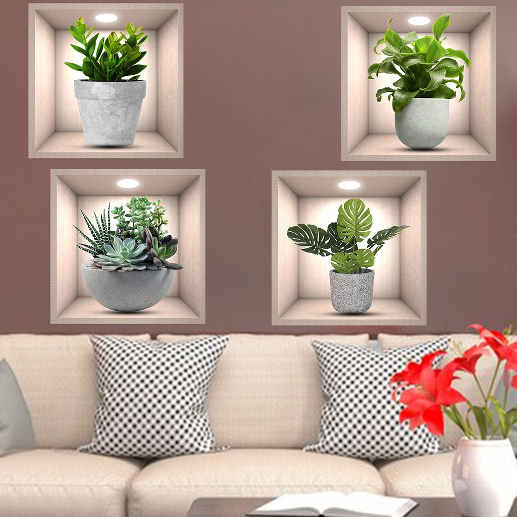 4Pcs Wall Stickers Green Plants 3D Succulent Wall Decals Self-Adhesive Removable Green Potted Plant Stickers for Living Room & Dining Room PVC Sticker for Background Decor