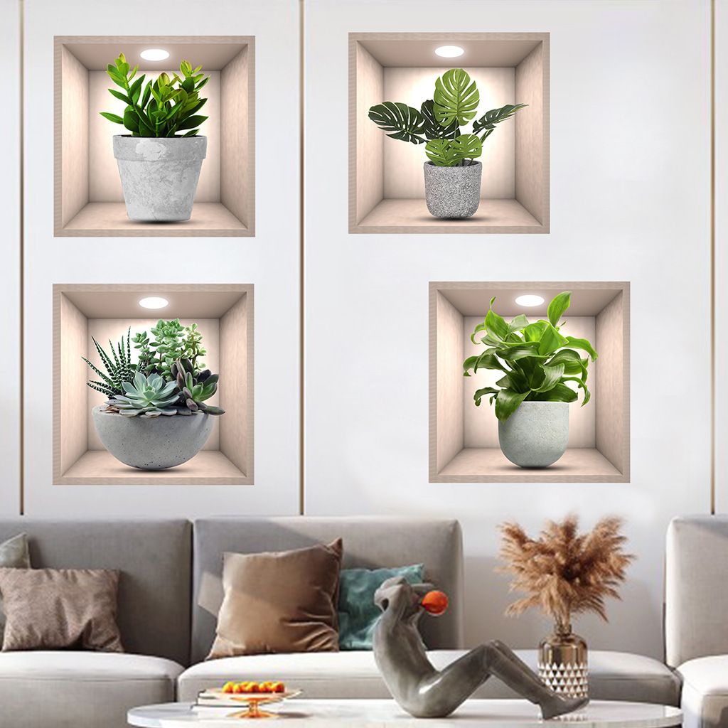 4Pcs Wall Stickers Green Plants 3D Succulent Wall Decals Self-Adhesive Removable Green Potted Plant Stickers for Living Room & Dining Room PVC Sticker for Background Decor