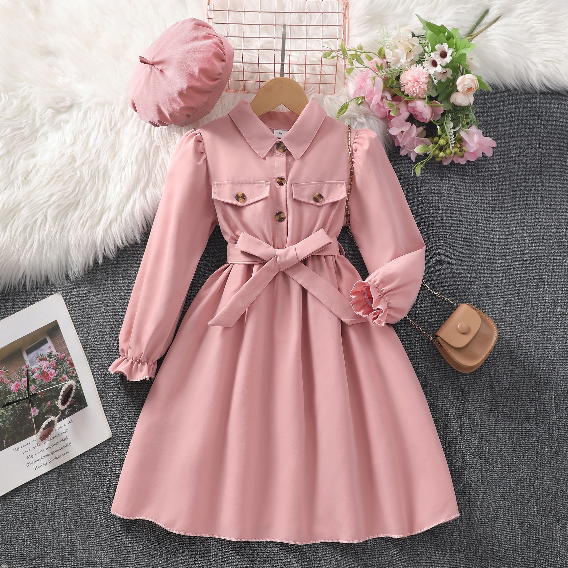 New Girls' Lapel Shirt Dress 8-12Y Kids Long Sleeve Princess Party Dress with Belt and Beret Elegant Birthday Clothing Set