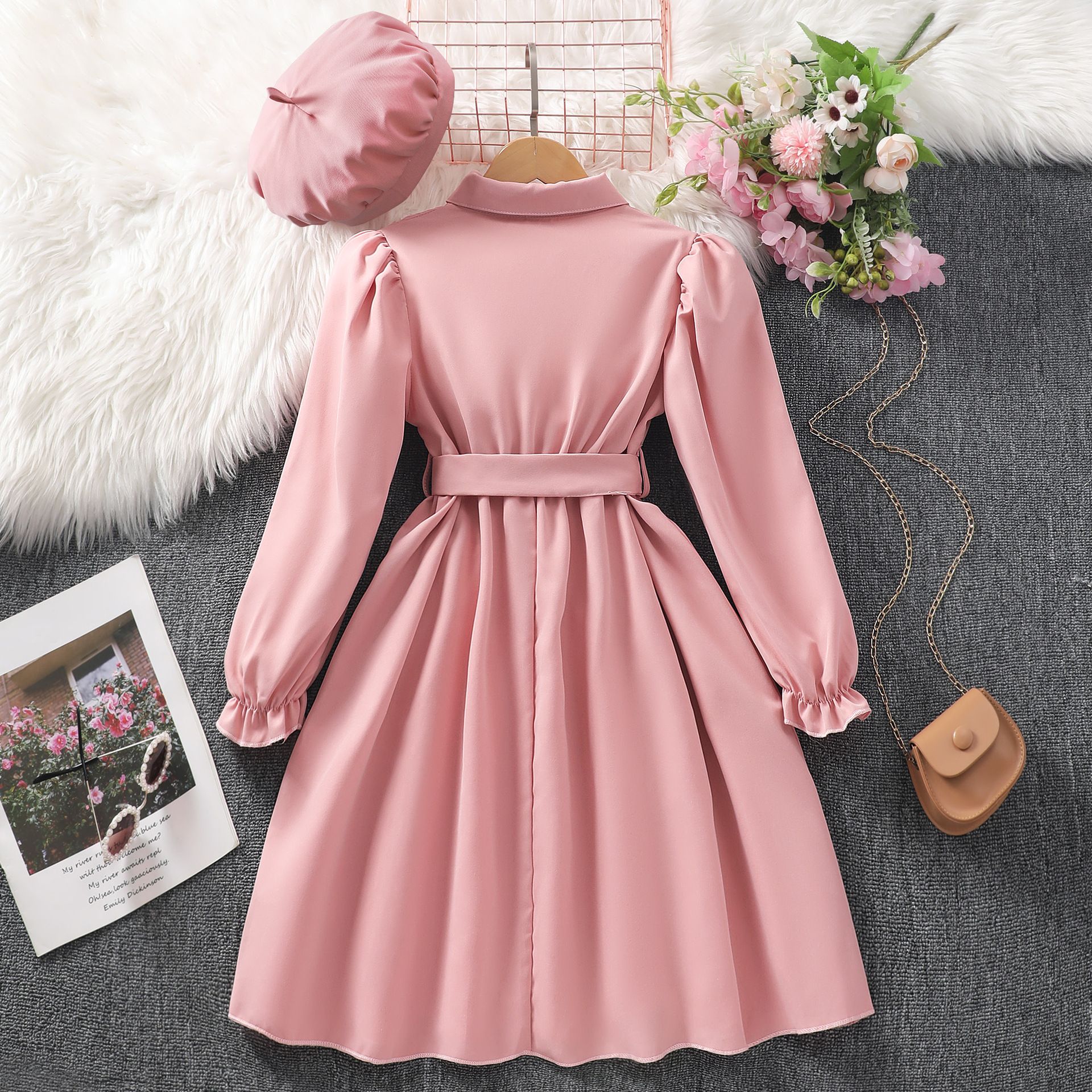 New Girls' Lapel Shirt Dress 8-12Y Kids Long Sleeve Princess Party Dress with Belt and Beret Elegant Birthday Clothing Set
