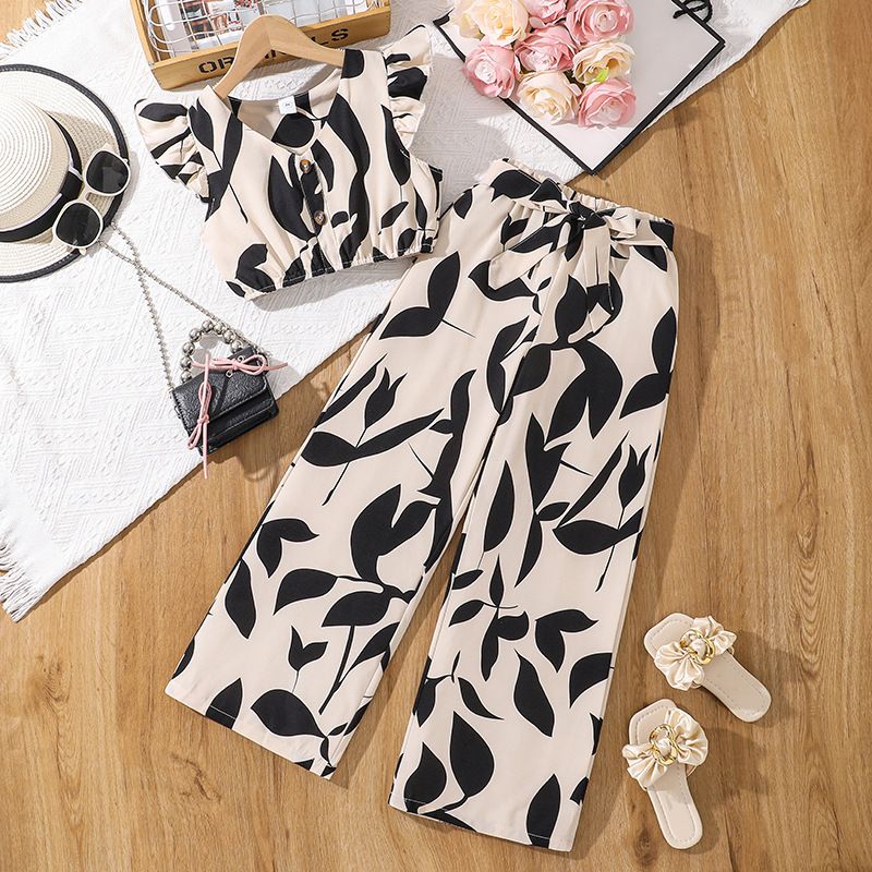 Kids Clothes Girls' Summer All-Over Print Flutter-Sleeve V-Neck Crop Top and Wide-Leg Pants with Belt 2-Piece Set Girl's Clothing Sets Fashion Elegant Clothes for 8-12 Years