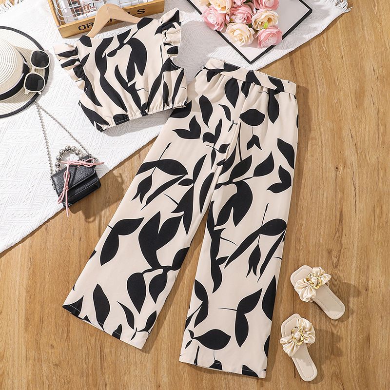 Kids Clothes Girls' Summer All-Over Print Flutter-Sleeve V-Neck Crop Top and Wide-Leg Pants with Belt 2-Piece Set Girl's Clothing Sets Fashion Elegant Clothes for 8-12 Years