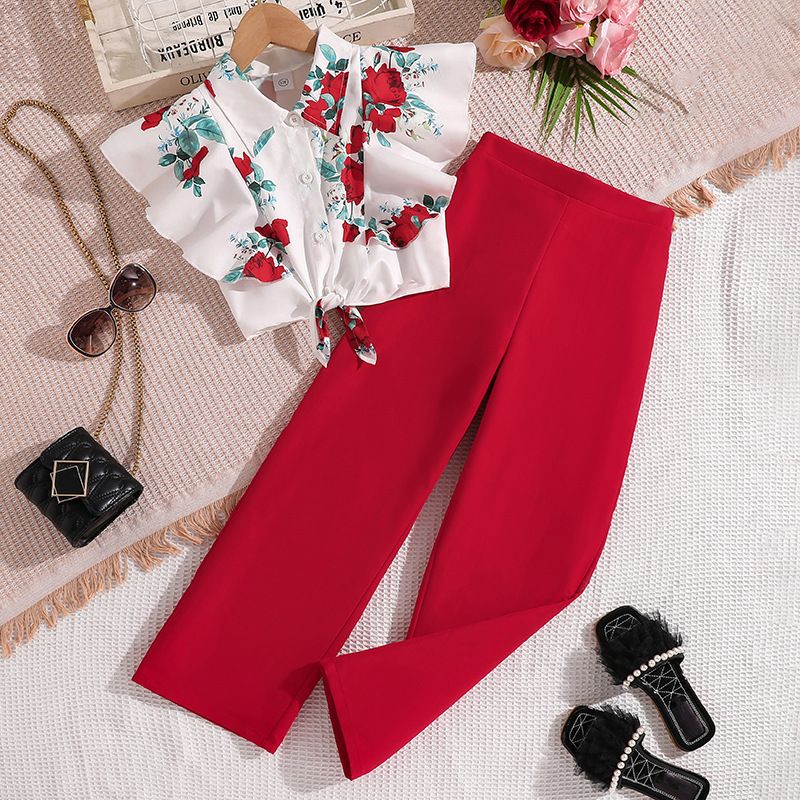 Girls' Summer Outfit Set Sleeveless Printed Top with Red Straight-Leg Pants, 2-Piece Clothing Set for Ages 8–12