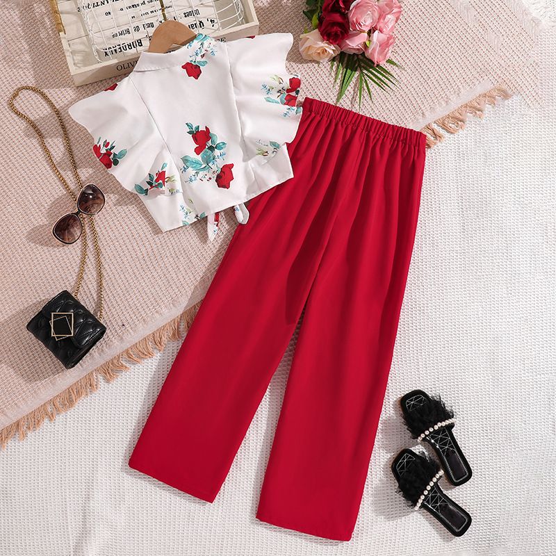 Girls' Summer Outfit Set Sleeveless Printed Top with Red Straight-Leg Pants, 2-Piece Clothing Set for Ages 8–12