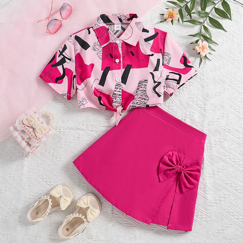 Girls' Summer Outfit Set Printed Short-Sleeve Crop Top Blouse Split Skirt Shorts with Bow, for Age 8-12 Kids Fashion Clothing Set Girsl Clothes