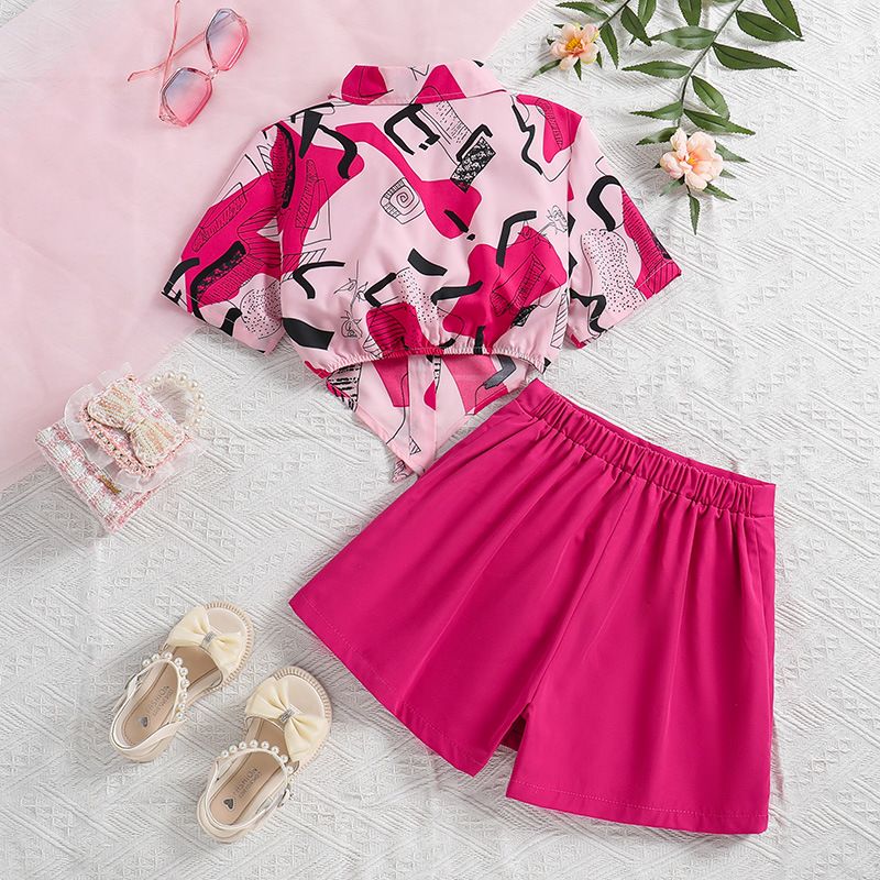 Girls' Summer Outfit Set Printed Short-Sleeve Crop Top Blouse Split Skirt Shorts with Bow, for Age 8-12 Kids Fashion Clothing Set Girsl Clothes
