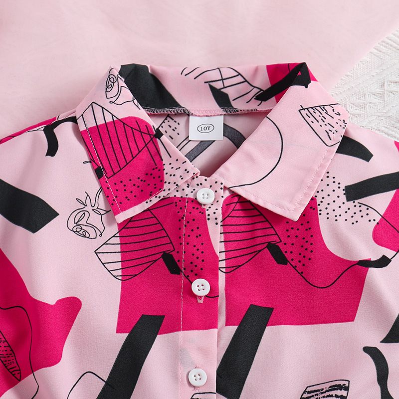 Girls' Summer Outfit Set Printed Short-Sleeve Crop Top Blouse Split Skirt Shorts with Bow, for Age 8-12 Kids Fashion Clothing Set Girsl Clothes