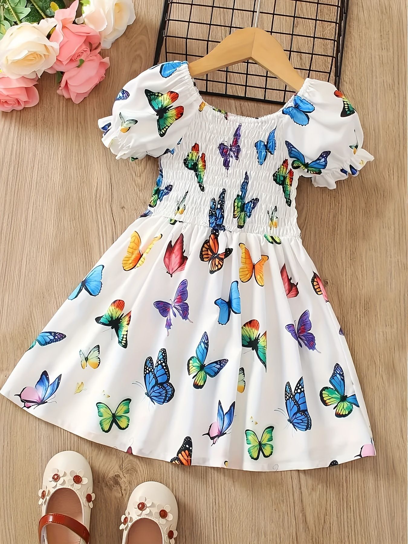 INS Style Girls' Vibrant Butterfly Print Dress Summer Puff Sleeve Dress for Kids Aged 1–8 for Toddlers and Kids Clothing Cute Baby Girl Sundress Casual Clothes