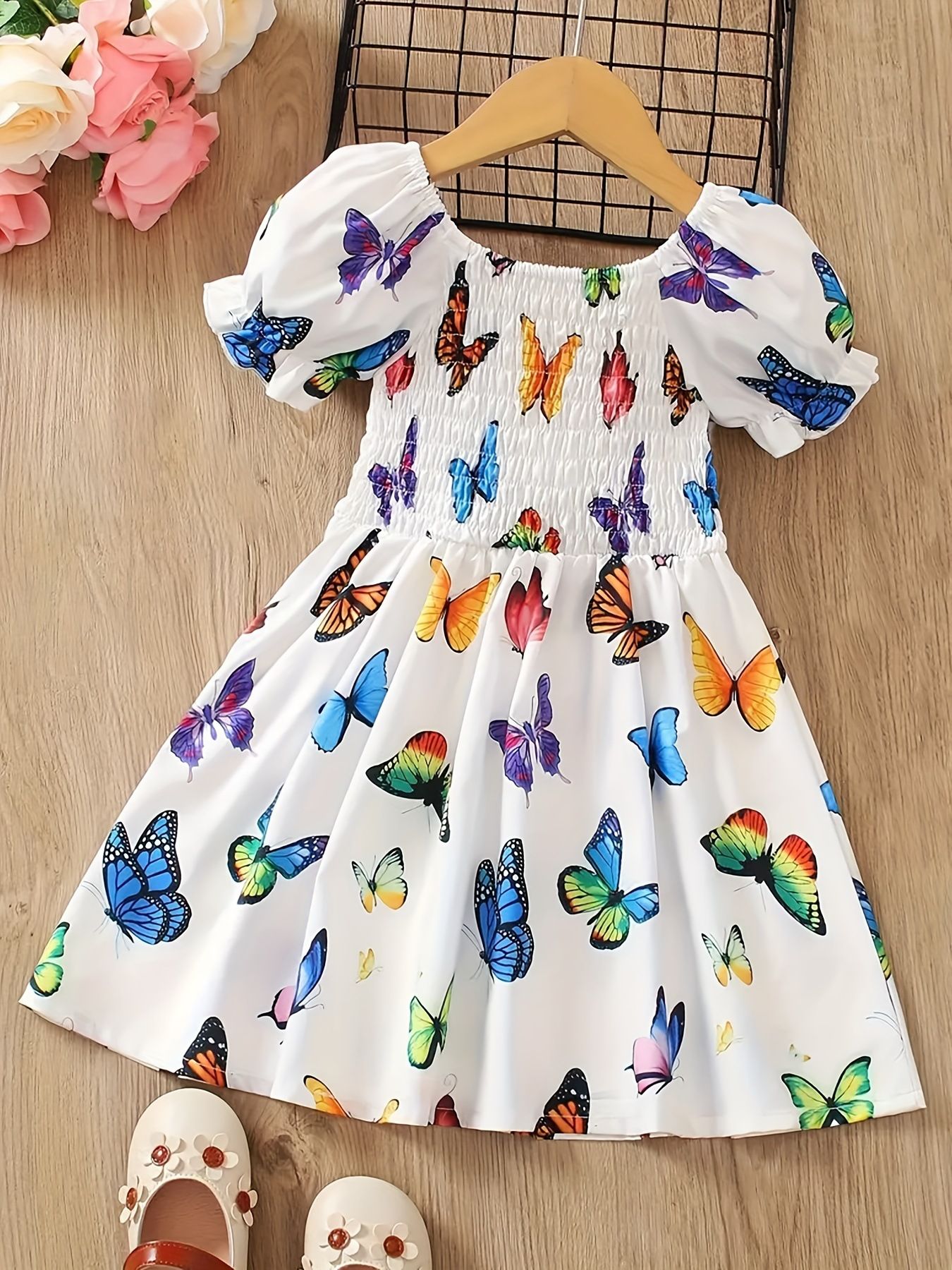 INS Style Girls' Vibrant Butterfly Print Dress Summer Puff Sleeve Dress for Kids Aged 1–8 for Toddlers and Kids Clothing Cute Baby Girl Sundress Casual Clothes