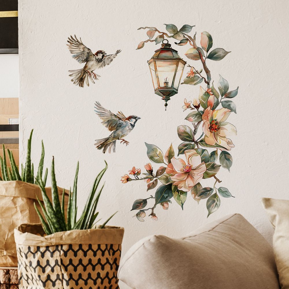 Painted Flower and Bird Chandelier Wall Stickers Self-Adhesive Decals for Bedroom, Living Room, Entryway, and Home Background Decoration
