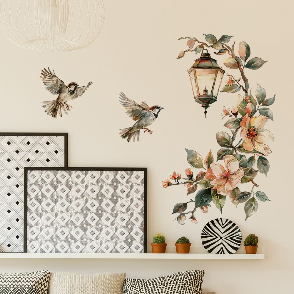 Painted Flower and Bird Chandelier Wall Stickers Self-Adhesive Decals for Bedroom, Living Room, Entryway, and Home Background Decoration