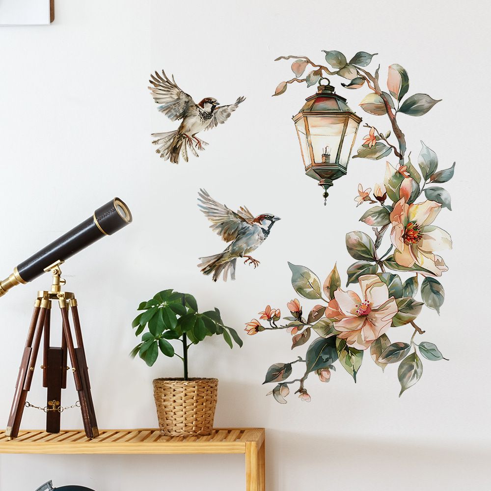 Painted Flower and Bird Chandelier Wall Stickers Self-Adhesive Decals for Bedroom, Living Room, Entryway, and Home Background Decoration