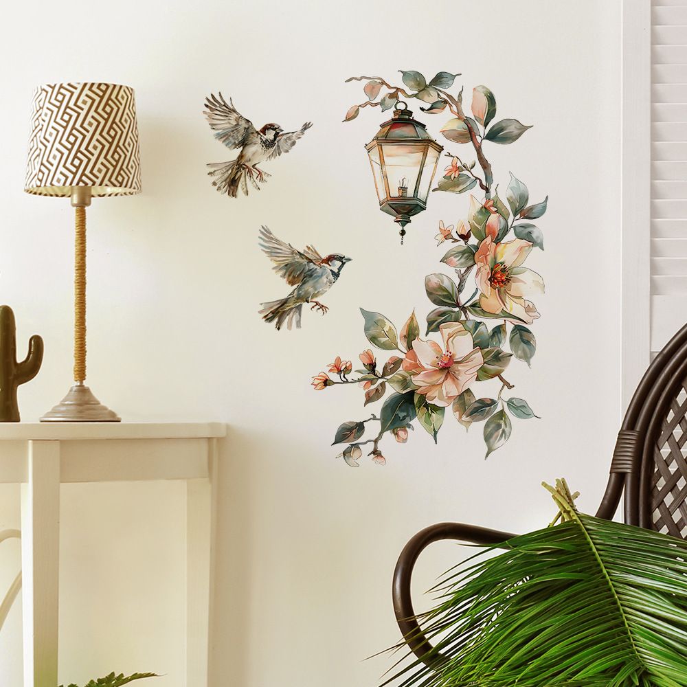 Painted Flower and Bird Chandelier Wall Stickers Self-Adhesive Decals for Bedroom, Living Room, Entryway, and Home Background Decoration
