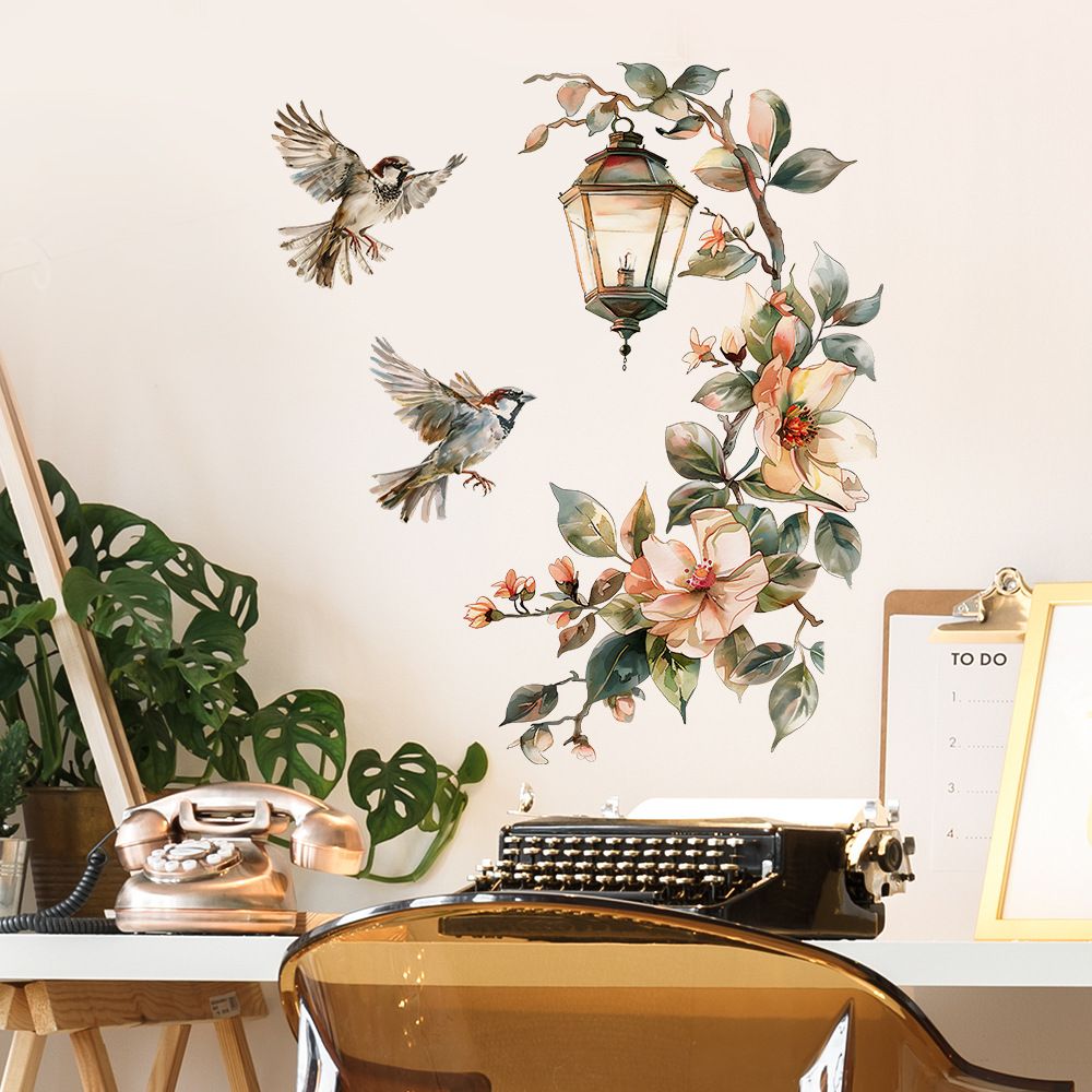 Painted Flower and Bird Chandelier Wall Stickers Self-Adhesive Decals for Bedroom, Living Room, Entryway, and Home Background Decoration