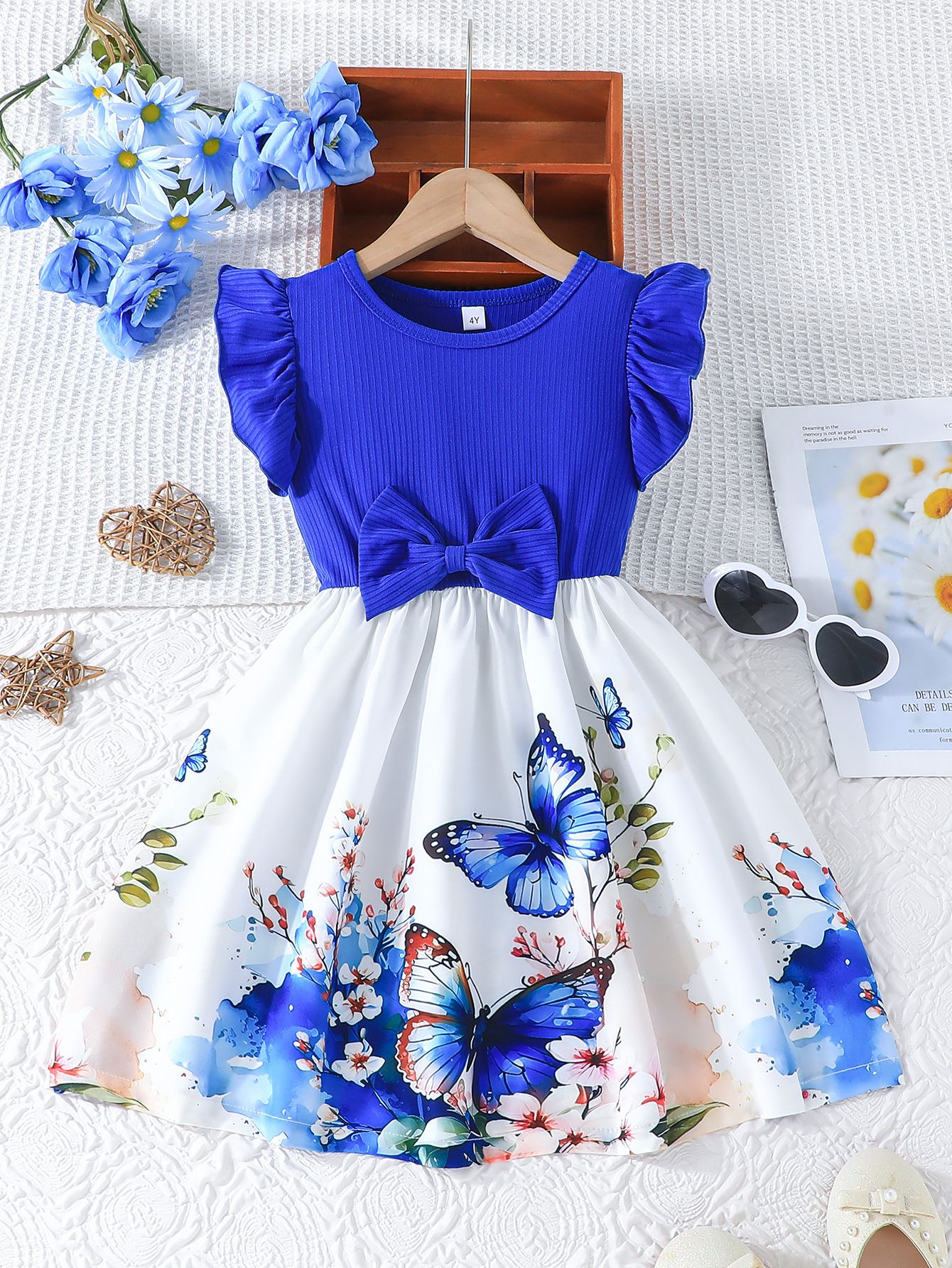 Little Girl's Cartoon Butterfly Print Dress Cute Puff Dress with Bow and Ruffle Sleeves, Suitable for Girls Aged 2–7 Girls Clothing Fashion Dress