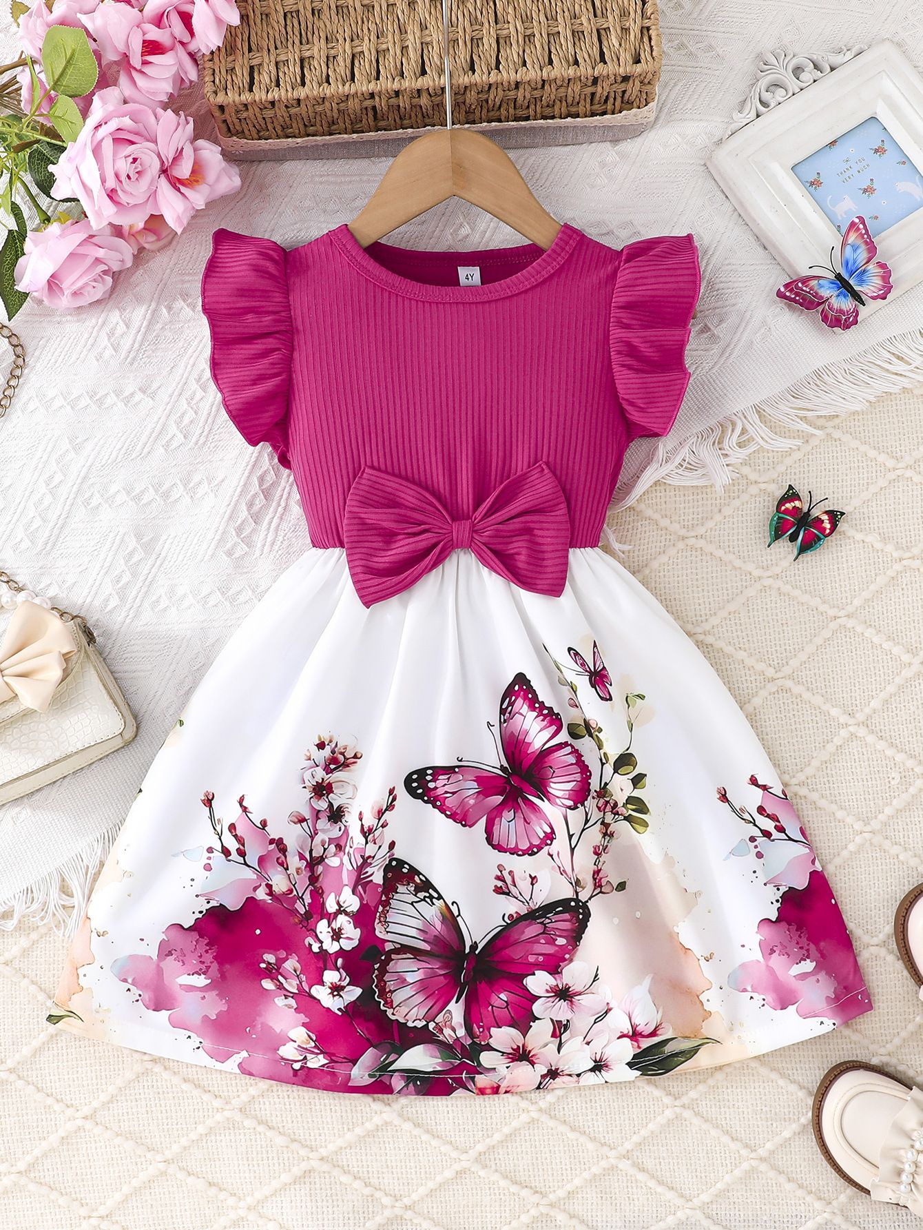 Little Girl's Cartoon Butterfly Print Dress Cute Puff Dress with Bow and Ruffle Sleeves, Suitable for Girls Aged 2–7 Girls Clothing Fashion Dress