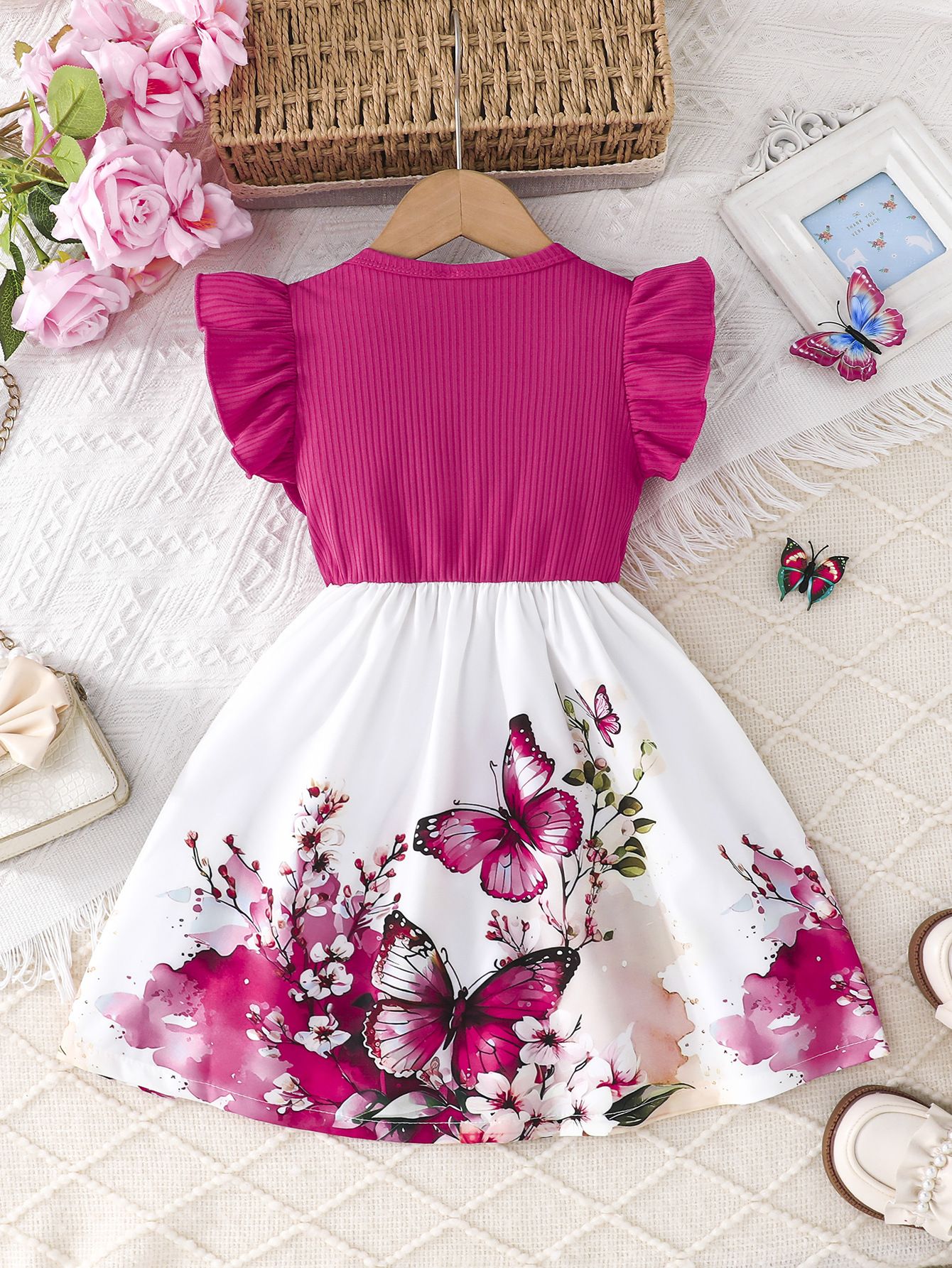 Little Girl's Cartoon Butterfly Print Dress Cute Puff Dress with Bow and Ruffle Sleeves, Suitable for Girls Aged 2–7 Girls Clothing Fashion Dress
