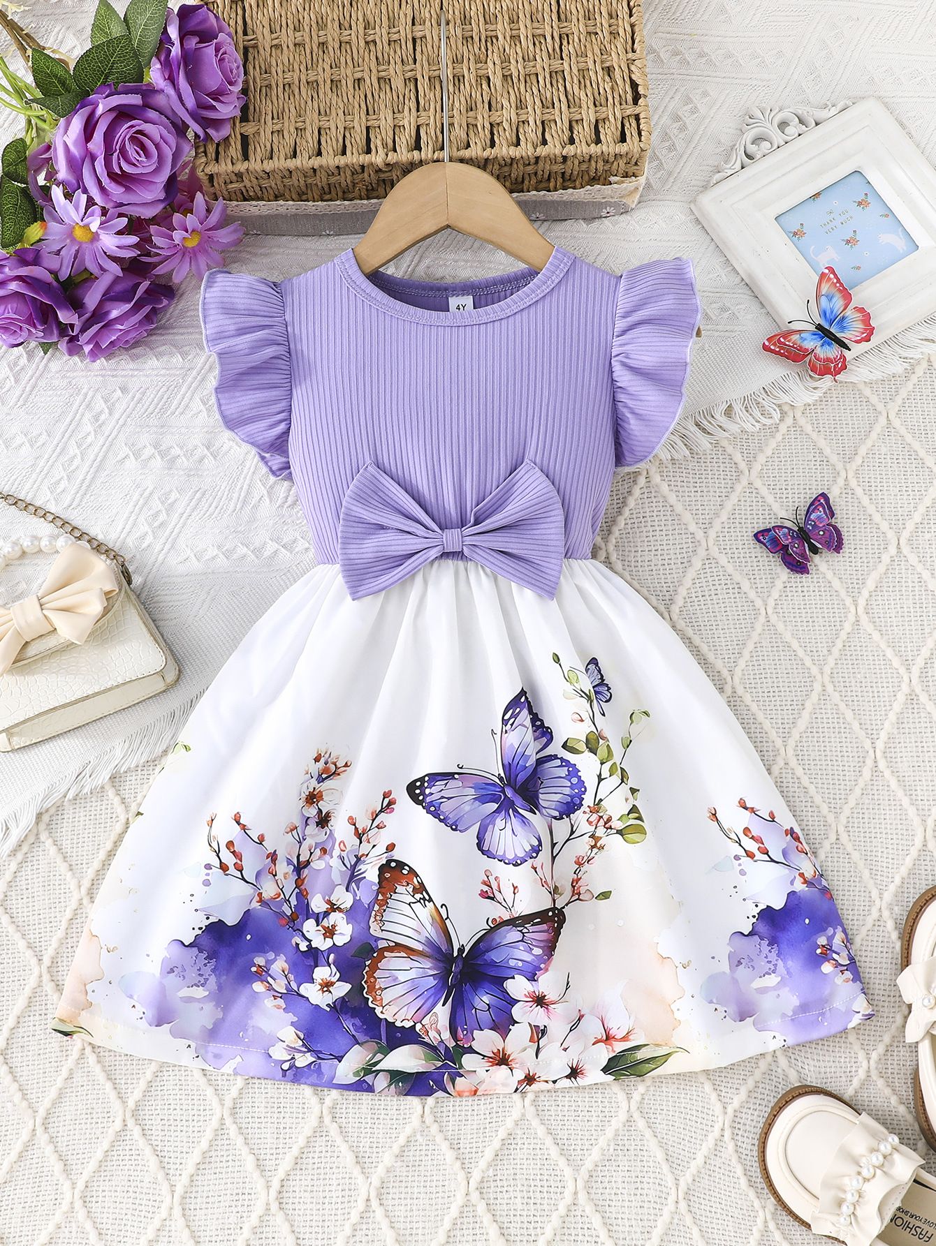 Little Girl's Cartoon Butterfly Print Dress Cute Puff Dress with Bow and Ruffle Sleeves, Suitable for Girls Aged 2–7 Girls Clothing Fashion Dress