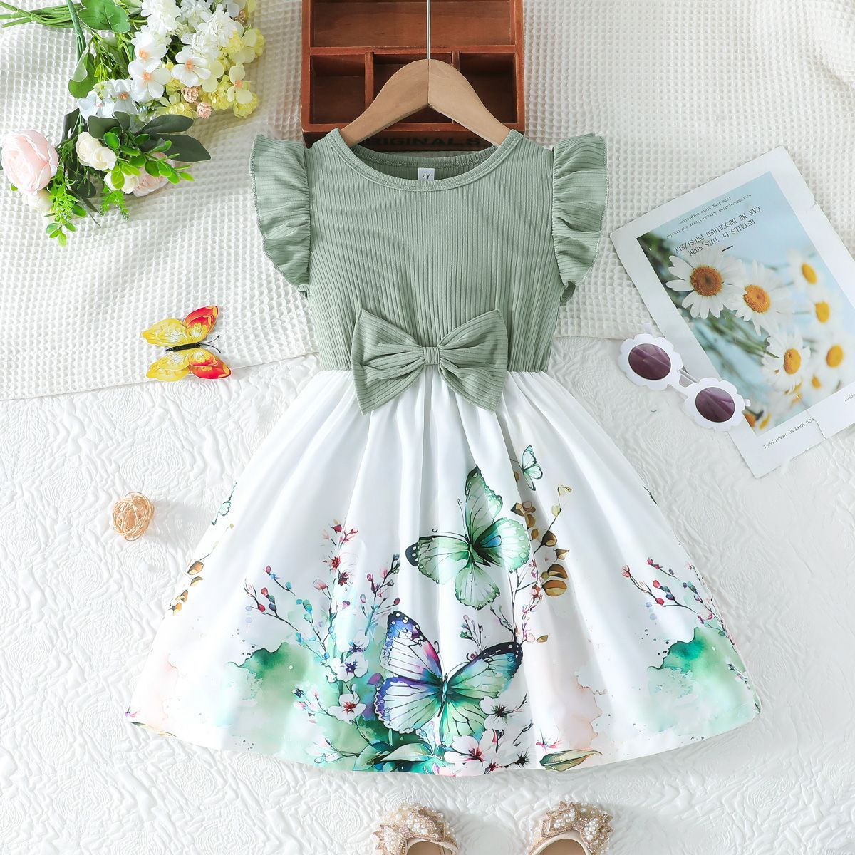 Little Girl's Cartoon Butterfly Print Dress Cute Puff Dress with Bow and Ruffle Sleeves, Suitable for Girls Aged 2–7 Girls Clothing Fashion Dress