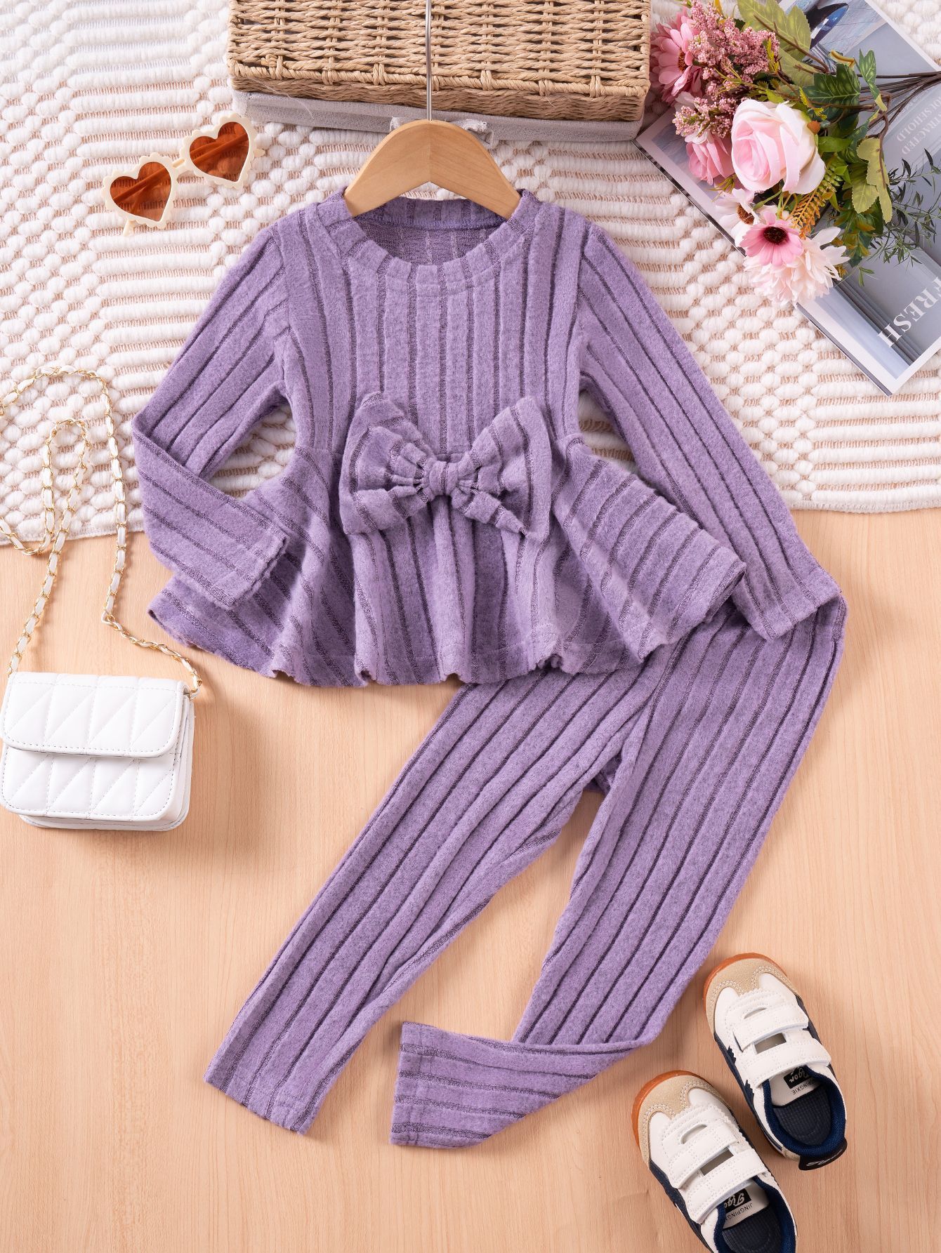 Girls' Clothing Sets Winter Knitted Bow Top Sweet Pants Kids Slim Fit Set for Age 1-7 Cute Outfit for Toddlers Long Sleeves Shirt and Long Trousers