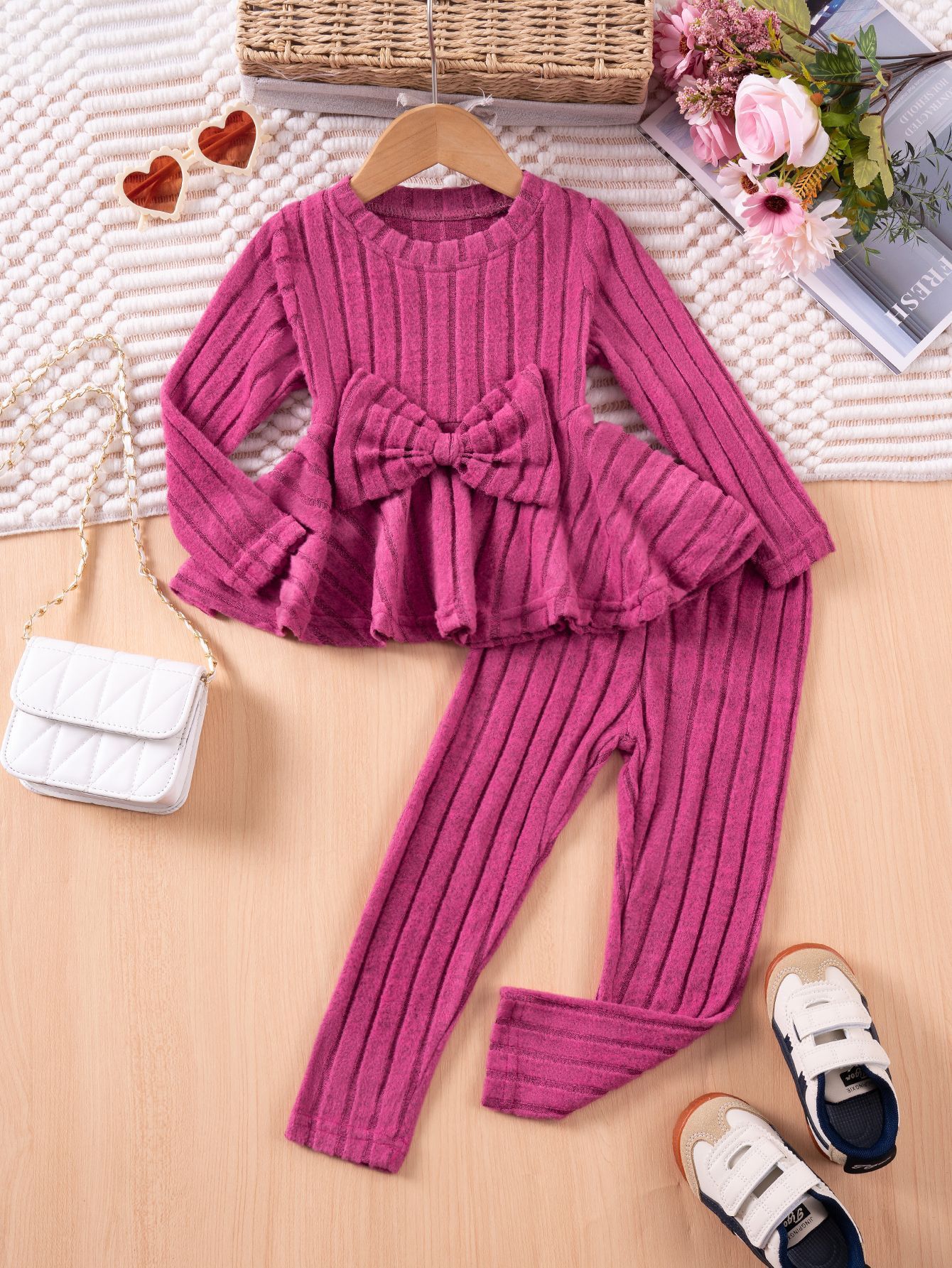Girls' Clothing Sets Winter Knitted Bow Top Sweet Pants Kids Slim Fit Set for Age 1-7 Cute Outfit for Toddlers Long Sleeves Shirt and Long Trousers
