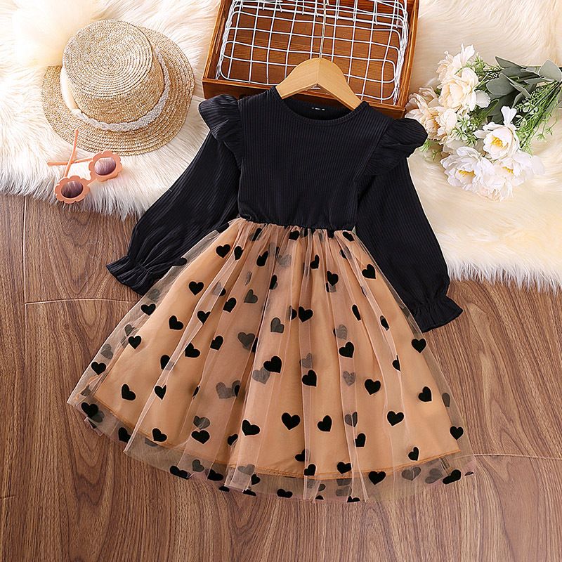 Girls' Spring Princess Dress Long Sleeve Heart Mesh Tulle Dress with Round Neck for 4Y to 7Y Kids Clothing Cute Dress