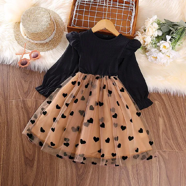 Girls' Spring Princess Dress Long Sleeve Heart Mesh Tulle Dress with Round Neck for 4Y to 7Y Kids Clothing Cute Dress