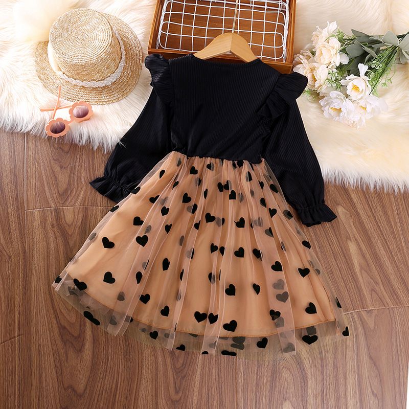 Girls' Spring Princess Dress Long Sleeve Heart Mesh Tulle Dress with Round Neck for 4Y to 7Y Kids Clothing Cute Dress