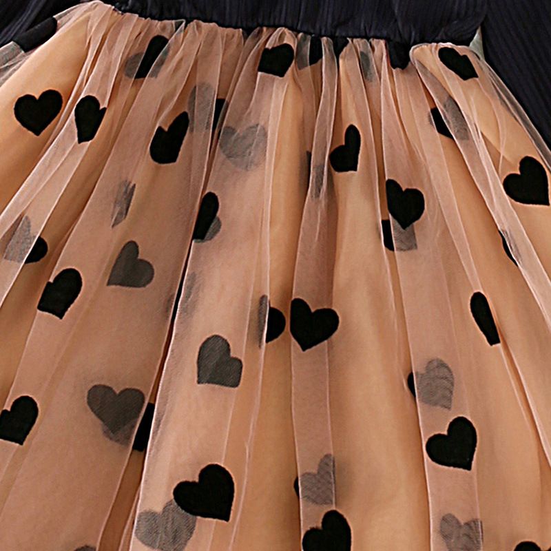 Girls' Spring Princess Dress Long Sleeve Heart Mesh Tulle Dress with Round Neck for 4Y to 7Y Kids Clothing Cute Dress