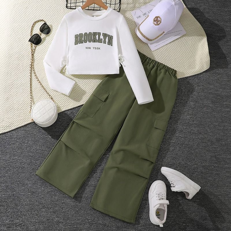 Girls' Spring Outfit Set New Arrival Letter Print Long-Sleeve Hoodie with Straight-Leg Cargo Pants Stylish Matching Set Clothing Set for Kids 8-12 Years Old