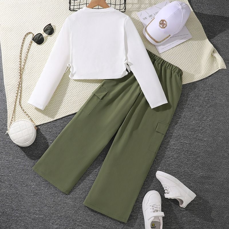 Girls' Spring Outfit Set New Arrival Letter Print Long-Sleeve Hoodie with Straight-Leg Cargo Pants Stylish Matching Set Clothing Set for Kids 8-12 Years Old