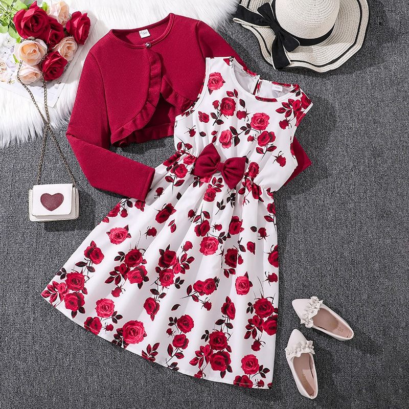 Girls' Clothing Sets Outfit New Sleeveless Floral Dress with Long-Sleeve Knit Cardigan Matching Toddler & Kids' 2-Piece Set Girls Fashion Clothing