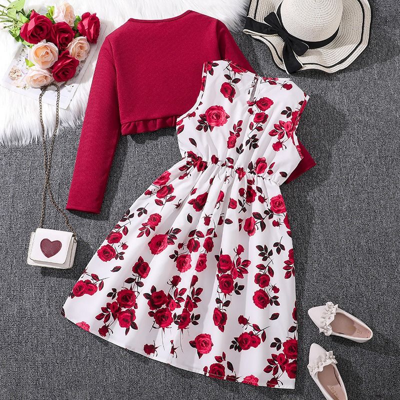 Girls' Clothing Sets Outfit New Sleeveless Floral Dress with Long-Sleeve Knit Cardigan Matching Toddler & Kids' 2-Piece Set Girls Fashion Clothing