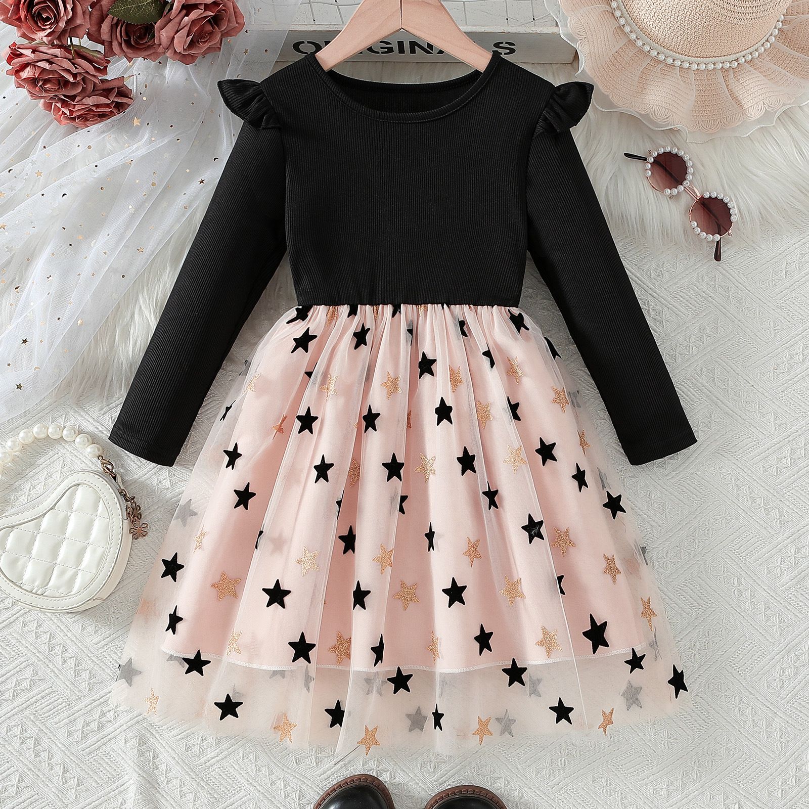 Toddler Clothes Girls Clothing Girl Long Sleeve Tulle Dress Princess Party Dress with Stars and Hearts for 3–8 Years Kids Fashion Mesh Midi Dresses