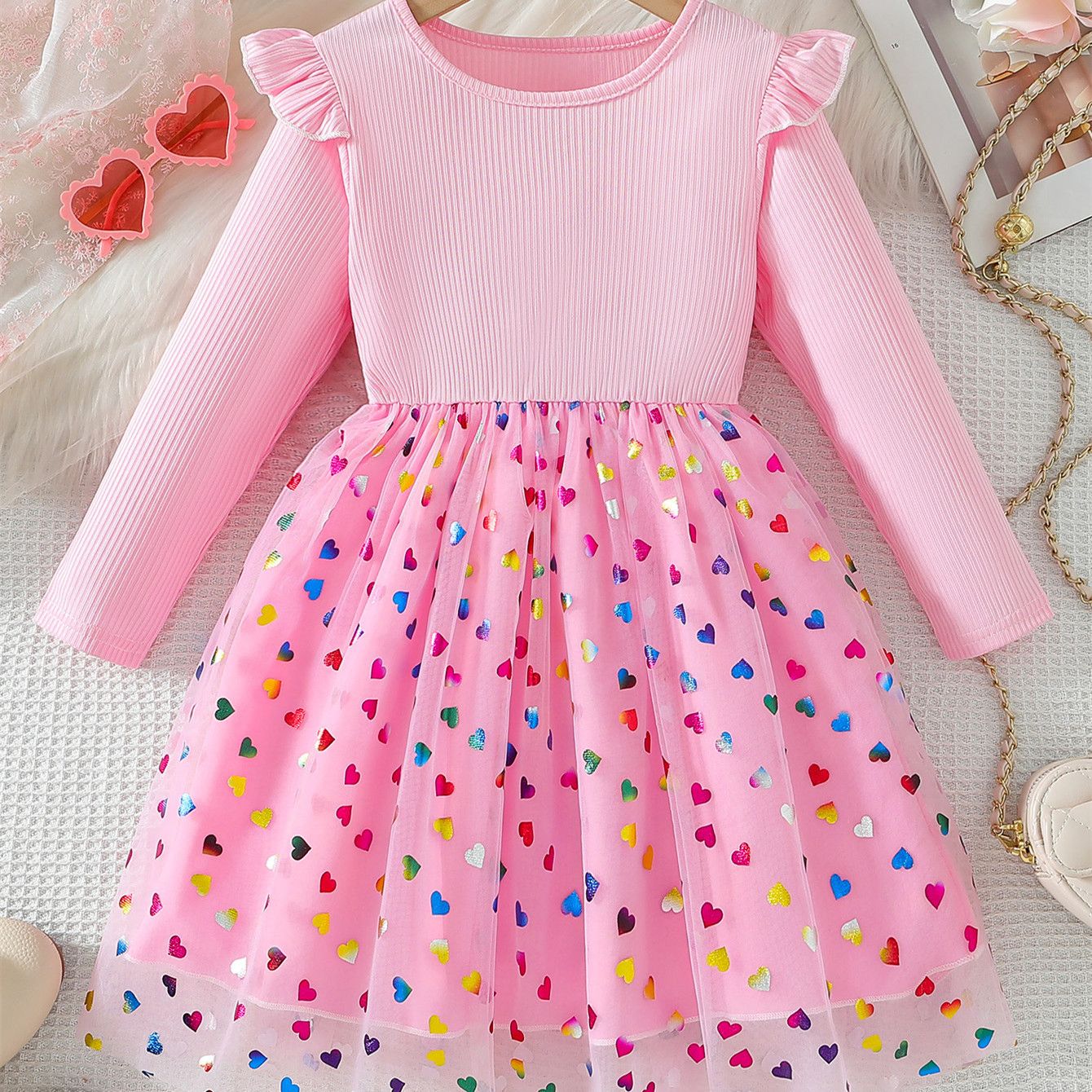 Toddler Clothes Girls Clothing Girl Long Sleeve Tulle Dress Princess Party Dress with Stars and Hearts for 3–8 Years Kids Fashion Mesh Midi Dresses