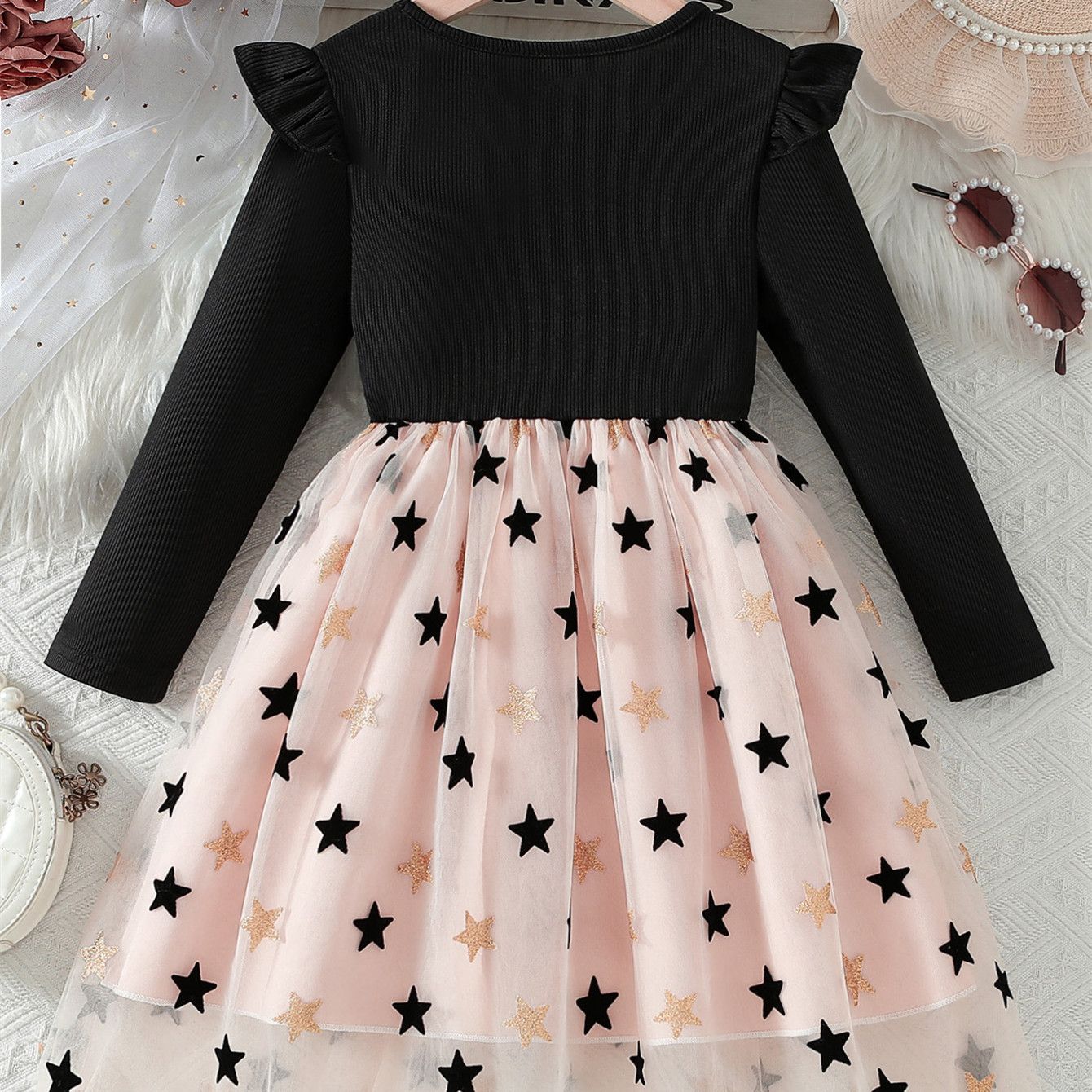 Toddler Clothes Girls Clothing Girl Long Sleeve Tulle Dress Princess Party Dress with Stars and Hearts for 3–8 Years Kids Fashion Mesh Midi Dresses